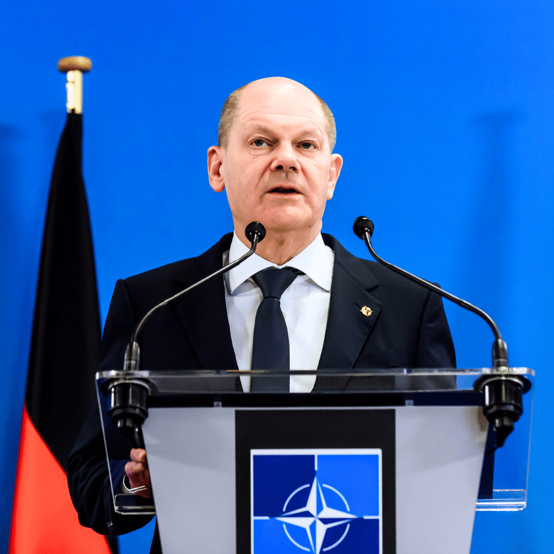 Olaf Scholz, chancelier allemand, lors d'une conférence de presse, après le Sommet de l'OTAN. Bruxelles, Belgique