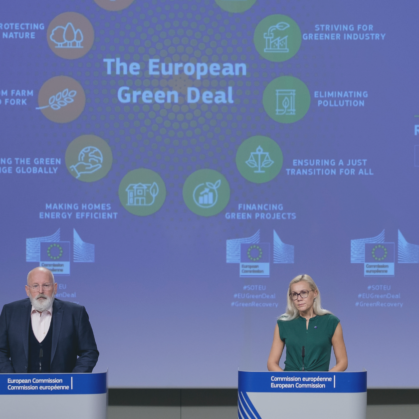 European Commissioners for European Green Deal Frans Timmermans during a press conference with European Commissioner for Energy Kadri Simson in Brussels, Belgium on Sept. 17, 2020.