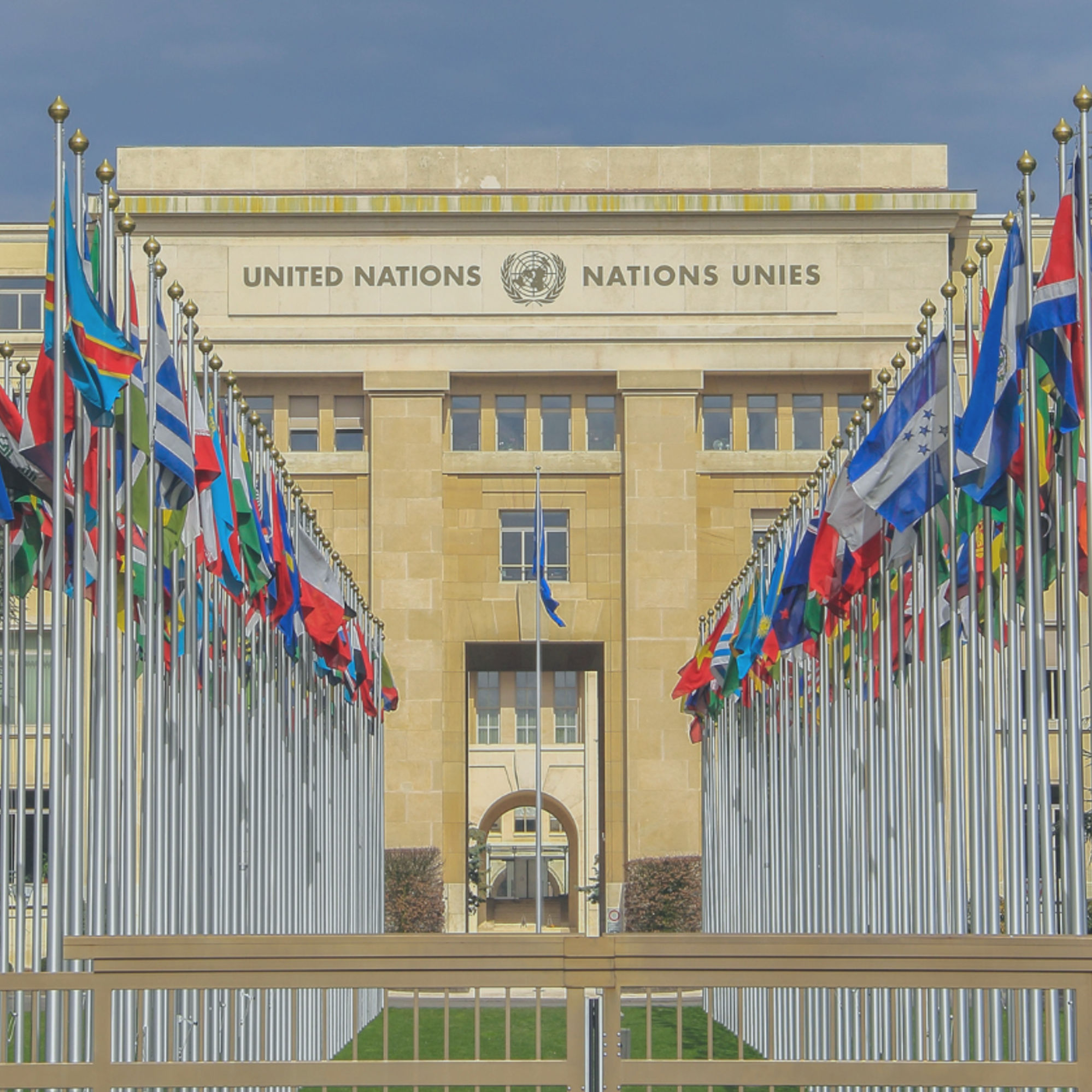 Switzerland; Geneva; March 9, 2018; The rows of the United Nations member states flags in front of the United Nations Office in Geneva