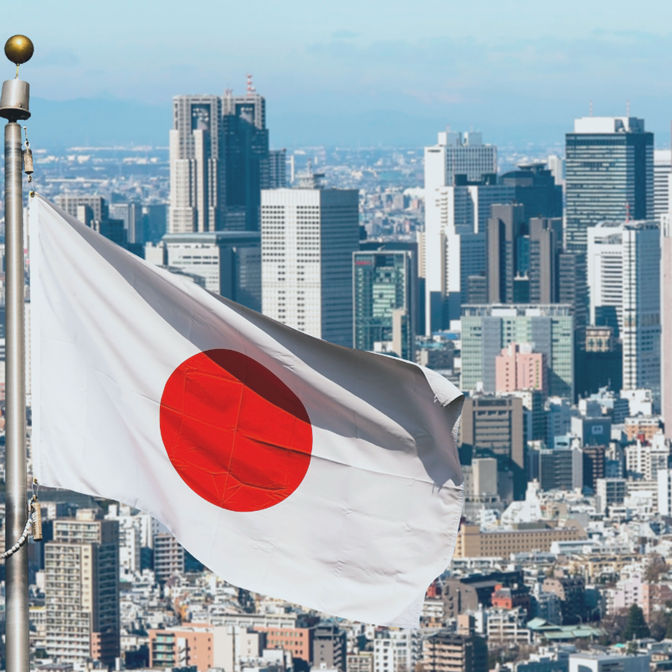 Japanese Flag and view of Tokyo city 