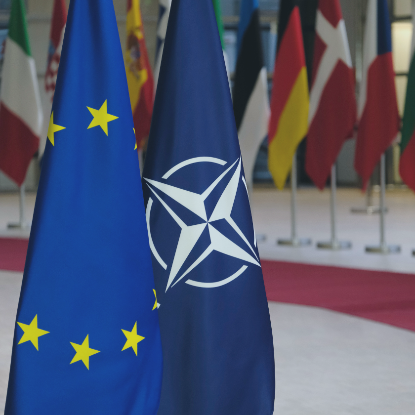  Flag of European Union and flag of NATO in European Councils Building on February 26, 2021