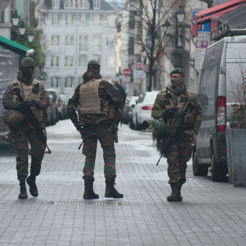 Belgian Army patrolling on a street near Avenue Louise in the city center of Brussels on November 22, 2015 in Brussels, Belgium.