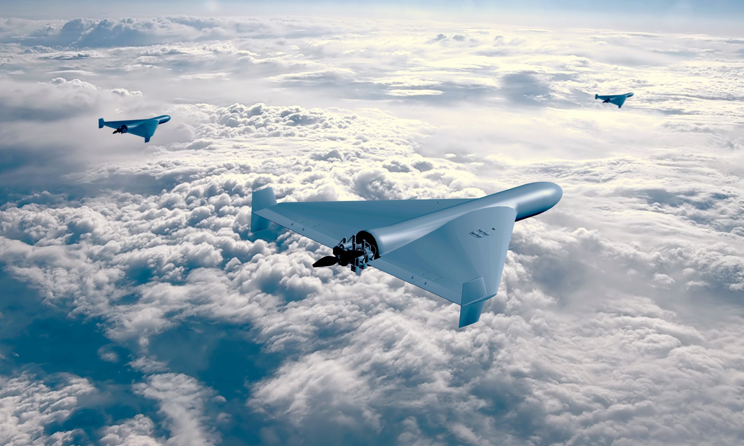 Group of kamkazza combat drones against the background of sky and clouds, top view, 3d rendering. Concept: war in Ukraine, drone attack.