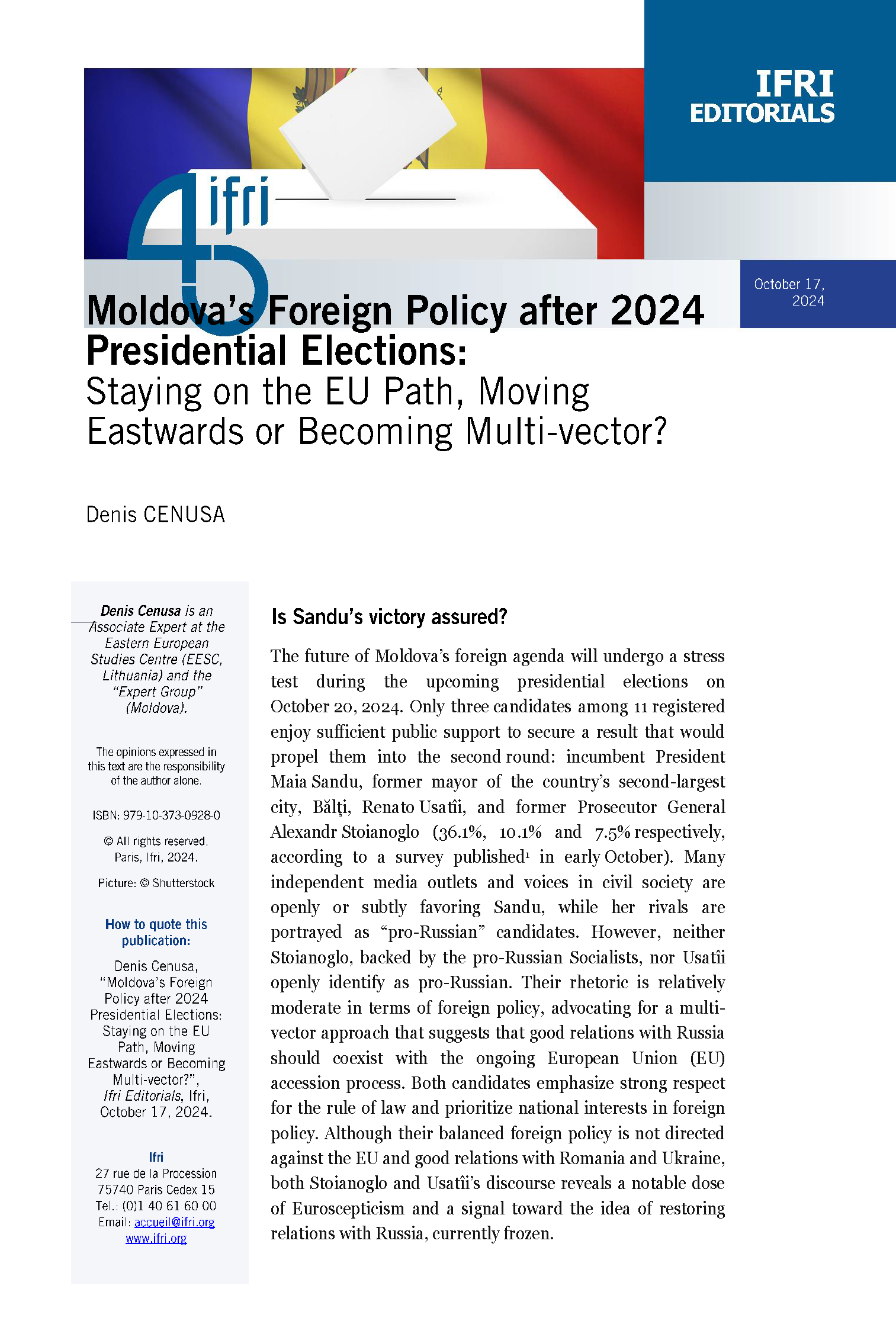 Moldova's Foreign Policy after 2024 Presidential Elections: Staying on the EU Path, Moving Eastwards or Becoming Multi-vector?