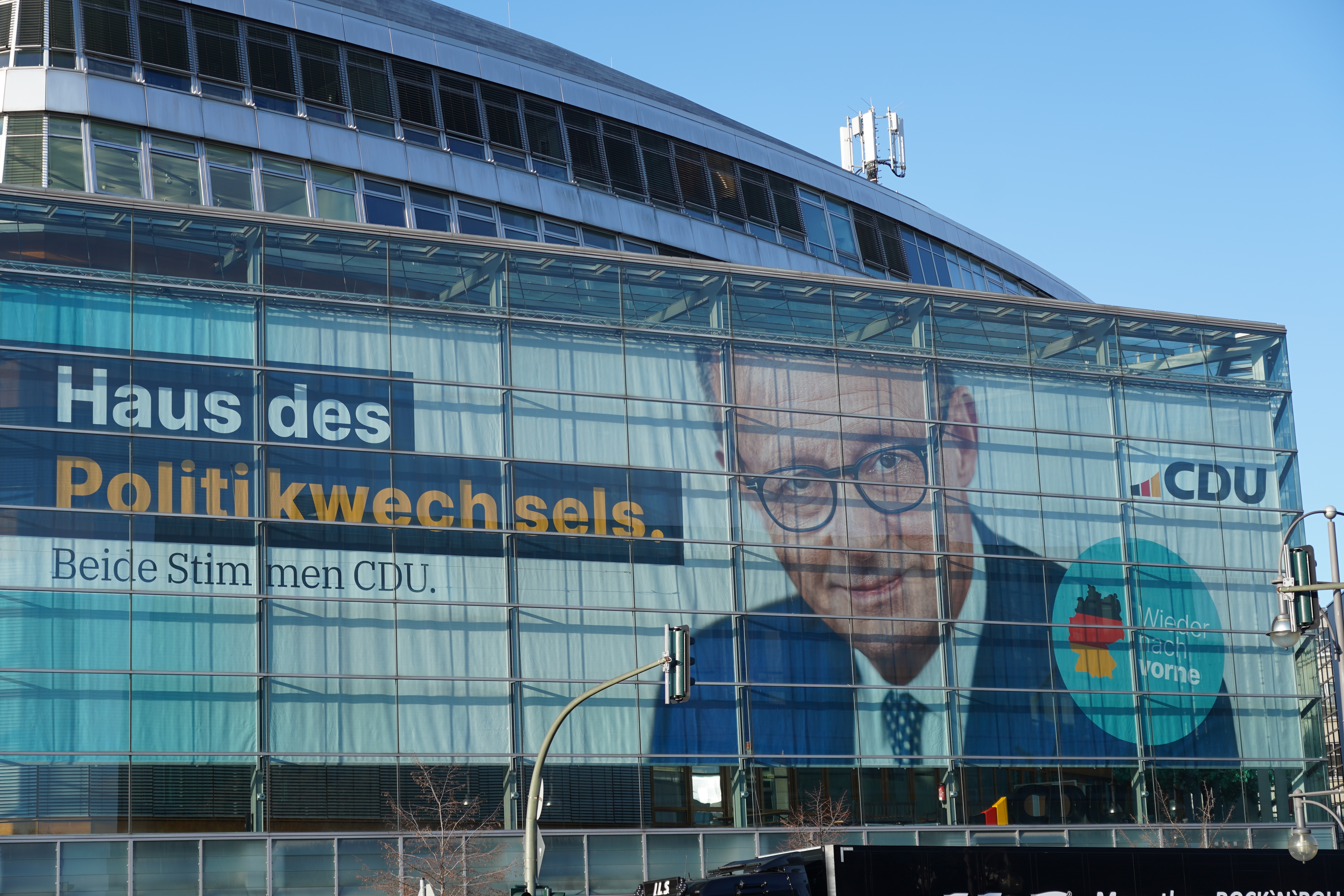 Berlin, Germany - January 8, 2025 - Banner at CDU headquarters on early Bundestag 2025 elections showing party leader and front-runner Friedrich Merz