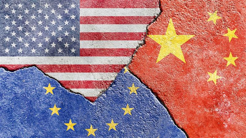 Flags of the United States, China, and the European Union