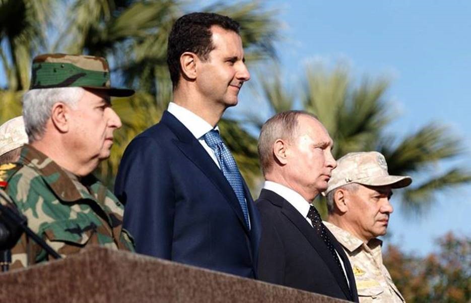 Bashar al-Assad, Vladimir Putin and Russian Defence Minister General Sergei Shoigu