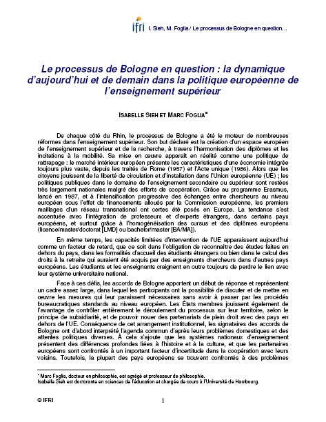 Le processus de Bologne en question : la dynamique d'aujourd'hui et de demain dans la politique européenne de l'enseignement supérieur