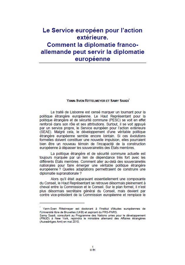 Le Service européen pour l'action extérieure. Comment la diplomatie franco-allemande peut servir la diplomatie européenne 