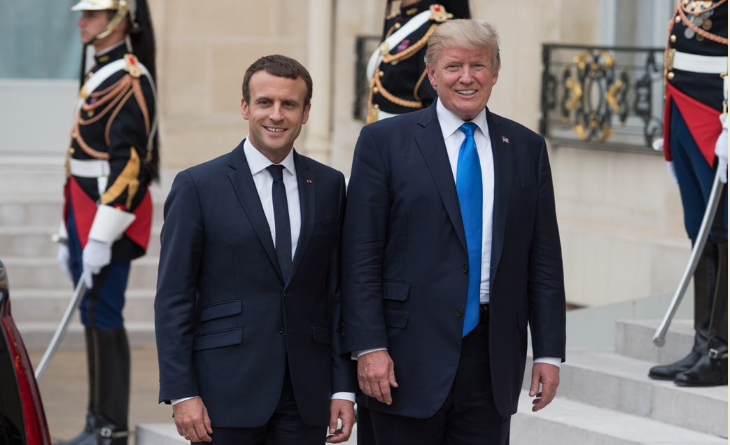 PARIS, FRANCE - JULY 13, 2017 : The french President Emmanuel Macron welcoming he President of United States of America Donald Trump at the Elysee Palace