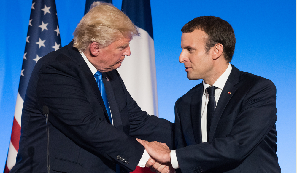 PARIS, FRANCE - JULY 13, 2017 : The President of United States of America Donald Trump with the french President Emmanuel Macron in press conference at the Elysee Palace 