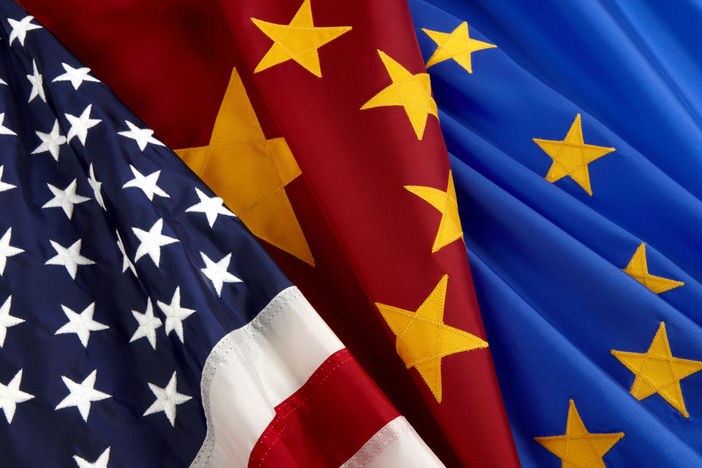 American, Chinese, and European Union Flags