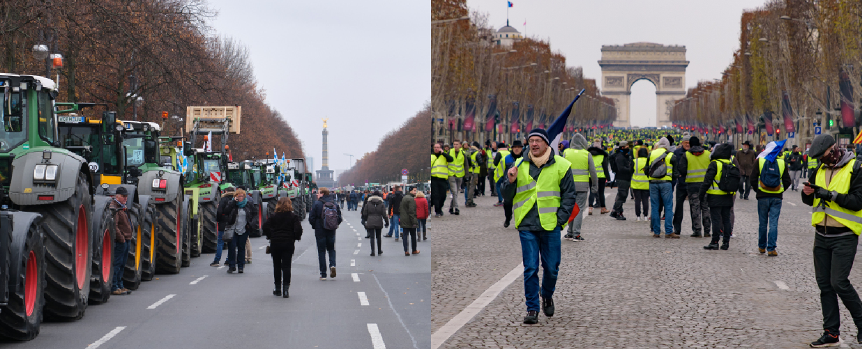 (links) Berlin, Deutschland 18. Dezember 2023 – Landwirtschaftliche Traktoren mit dem Brandenburger Tor im Hintergrund - (rechts) Paris, Frankreich 15. Dezember 2018 – Demonstration der Gelbwesten