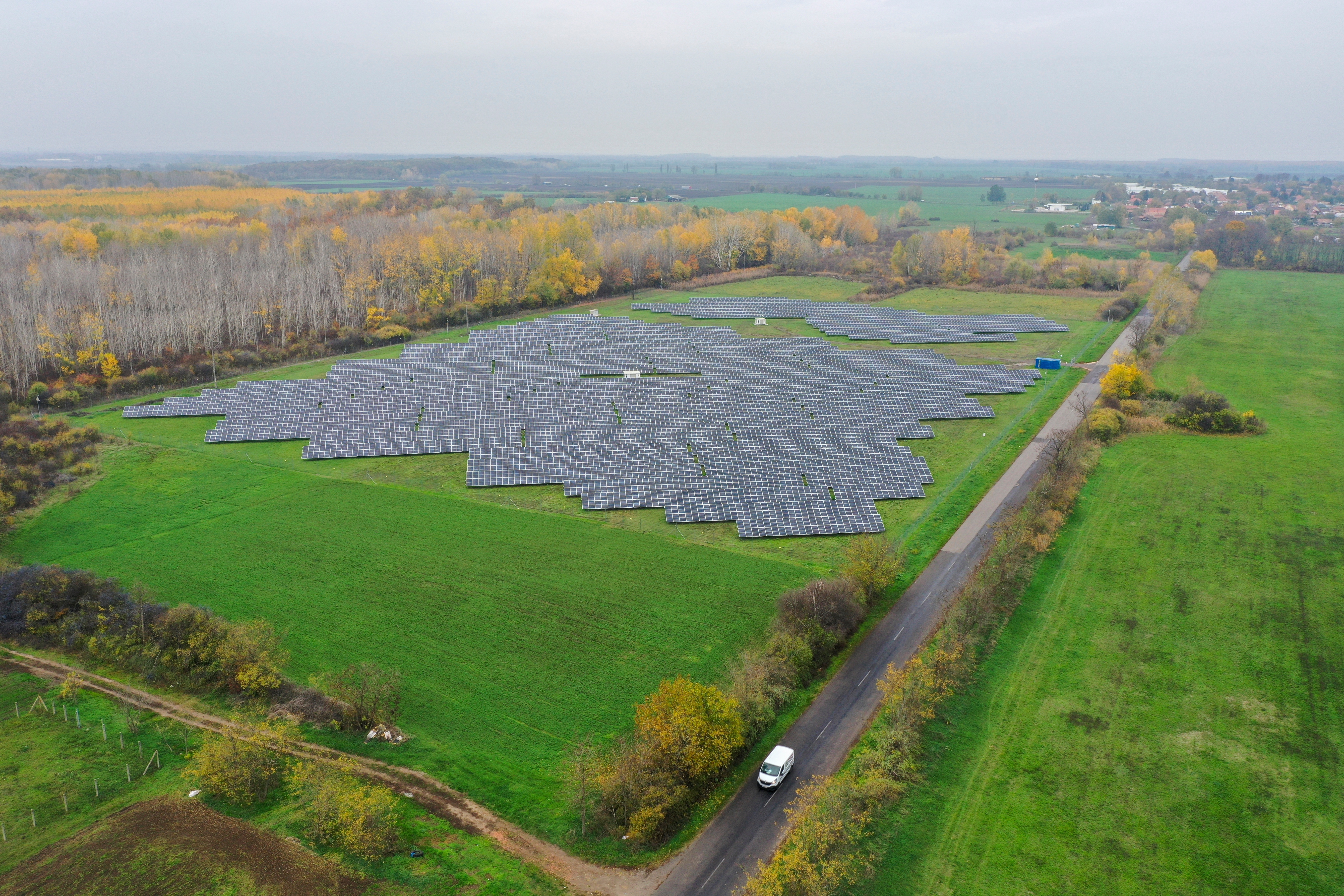 Aerial view of a solar power plant from above in Hungary