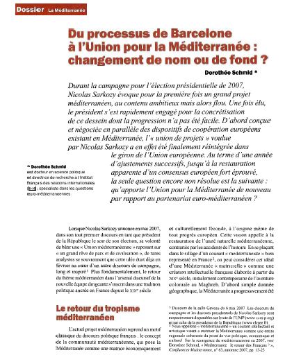 Du processus cle Barcelone à l'Union pour la Méditerranée: changement de nom ou de fond ?