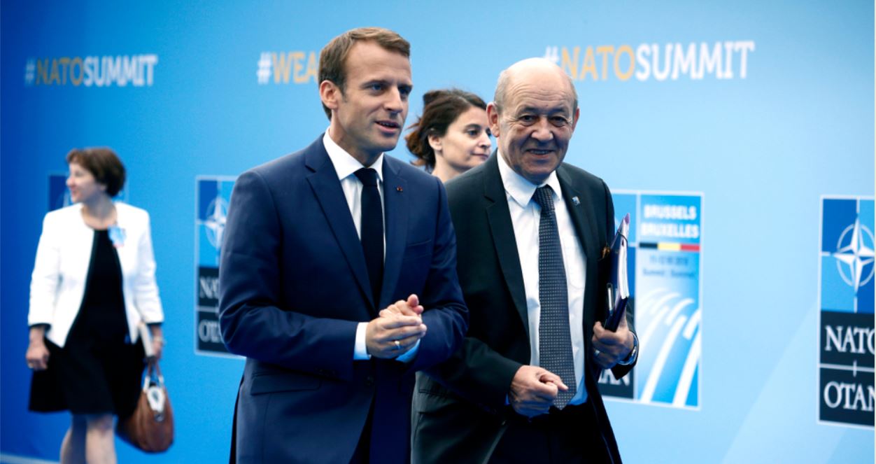 Emmanuel Macron and Jean-Yves Le Drian, NATO summit, Brussels