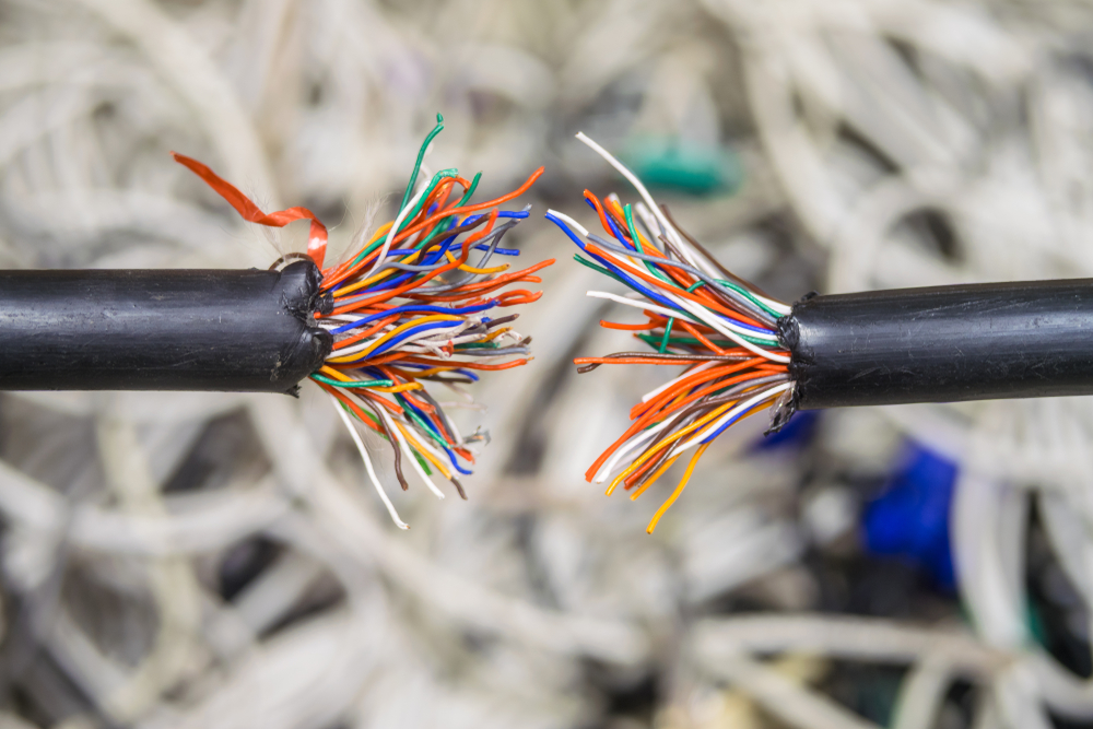 A damaged telephone cable