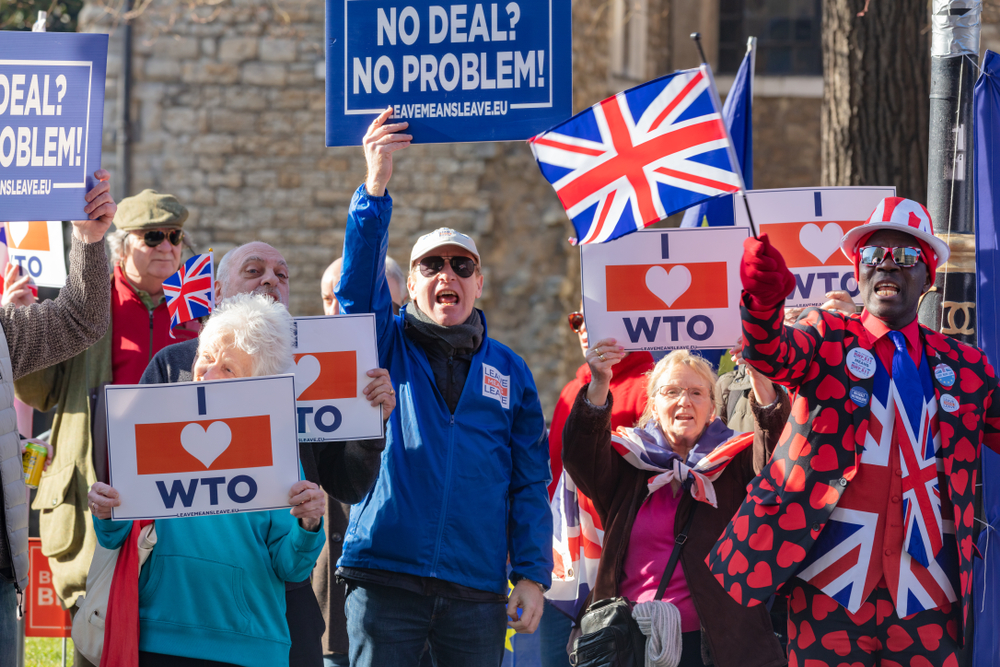 Westminster, London, UK; 14th February 2019; Group of Pro-Brexit Campaigners Hold Flags and Placards Outside Parliament