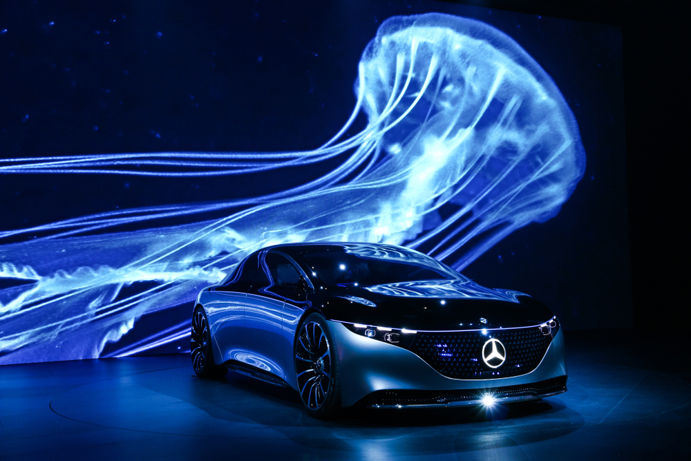 Frankfurt am Main, Germany - September 17, 2019: World premiere of the luxury car Mercedes-Benz Vision EQS at the Frankfurt Motor Show IAA 2019 (Internationale Automobil Ausstellung