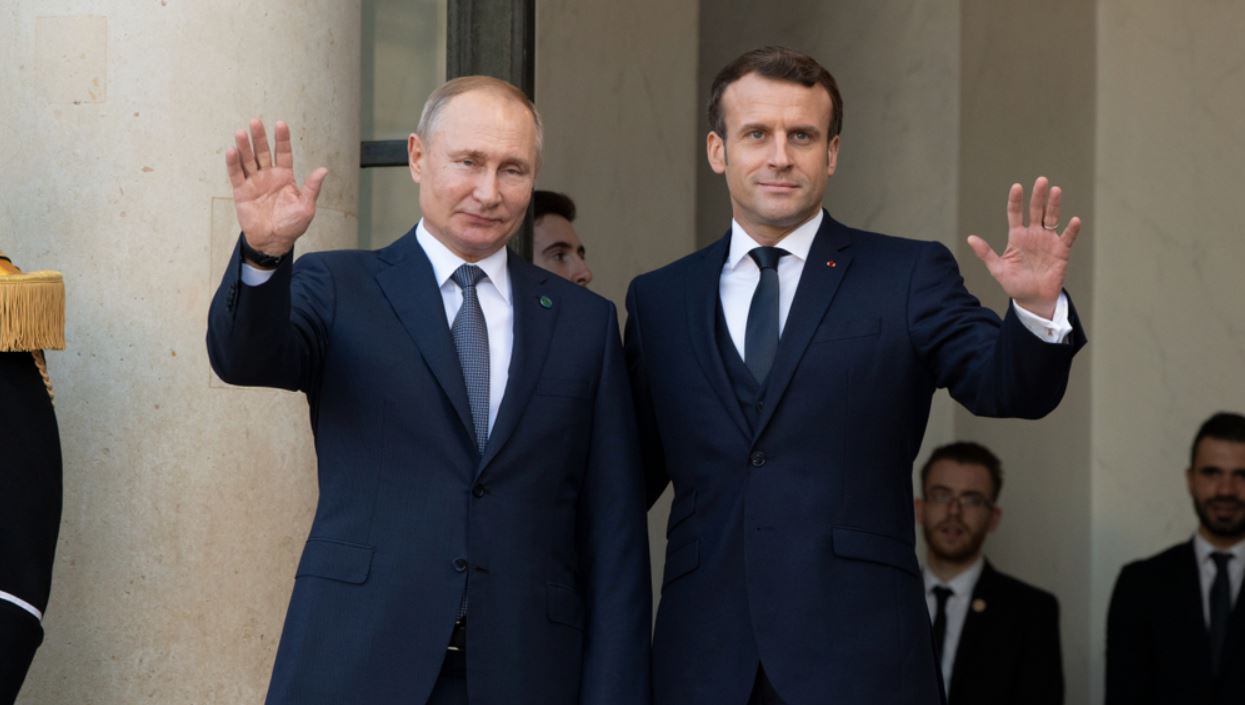 President Emmanuel Macron welcoming Vladimir Putin, the President of Russian Federation at the Elysée Palace, December, 2019