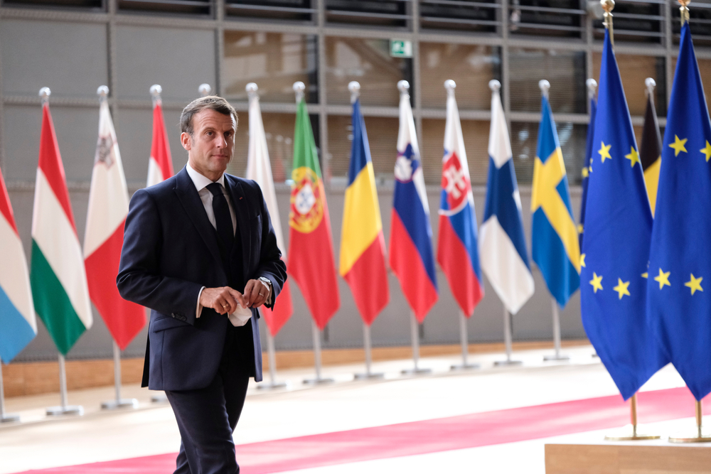 Le Président Emmanuel Macron arrive au sommet européen, Bruxelles, 19 juillet 2020.