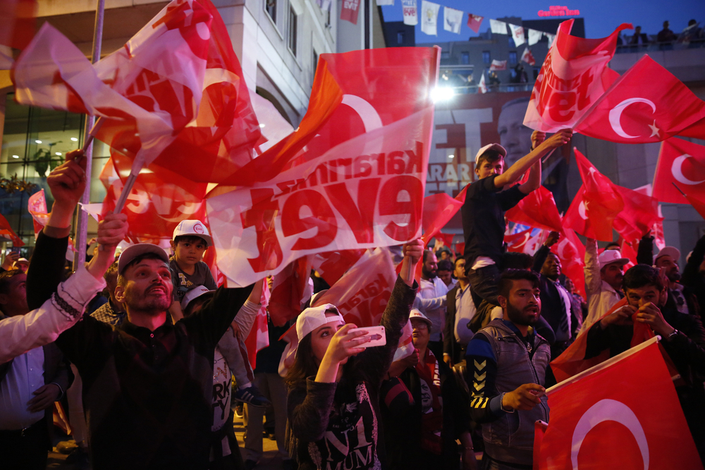 ISTANBUL, TURKEY, 16 APR?L 2017 Supporters of Turkish President Tayyip Erdogan celebrate in Istanbul.