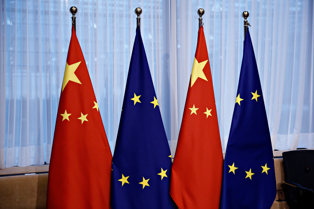 Flag of EU and flag of China in European Council offices