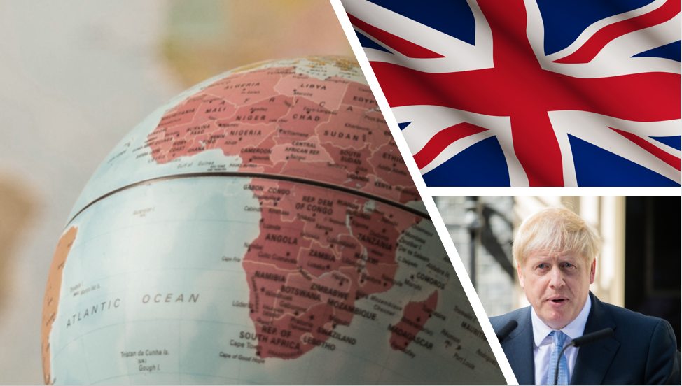 Globe facing Africa, UK flag and Boris Johnson