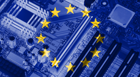 European union flag on the x-ray circuit board as technology background