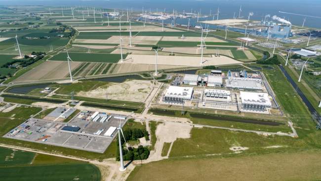 Aerial view of new datacenter of Google Alphabeta near Delfzijl in the province of Groningen.