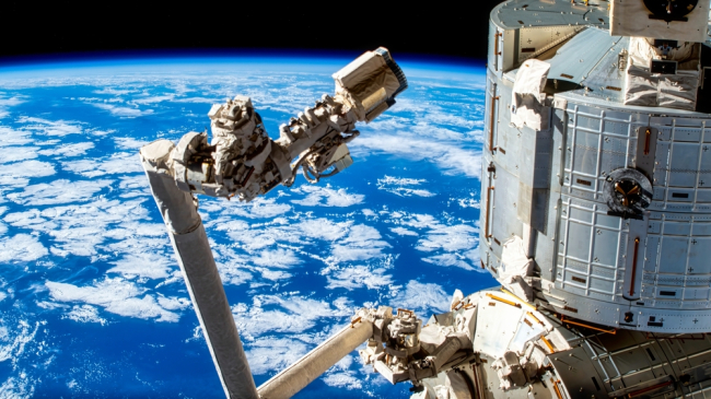 In space, March 21, 2023: Detail of the International Space Station or ISS. Digitally enhanced image provided by NASA