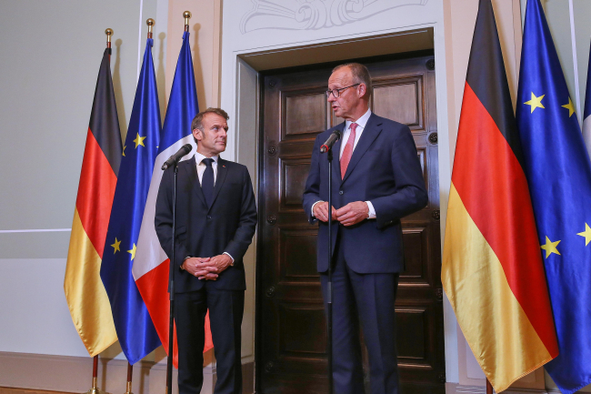 Berlin, Germany - 23/7/2025: Joint press statement by Federal Chancellor Friedrich Merz (GER) and President of the French Republic Emmanuel Macron (FRA). dts News Agency Germany/Shutterstock.com