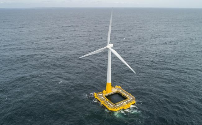 The Floatgen floating wind turbine, equipped with the Ideol float, installed on the SEM-REV (Centrale Nantes) off Le Croisic.