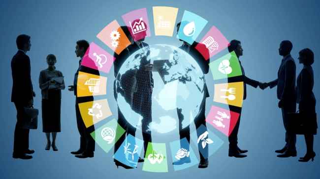 Concept of environmental technology. Sustainable development goals. SDO. Group of people. Human resources.