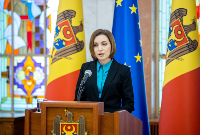 Moldovan President Maia Sandu at a press conference, February 2023