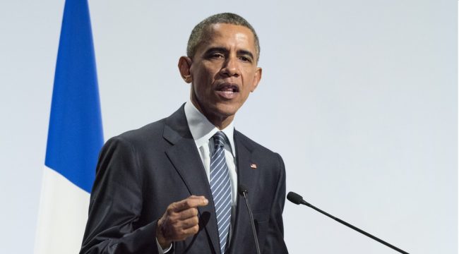 LE BOURGET near PARIS, FRANCE - NOVEMBER 30, 2015 : Barack Obama, President of United State of America delivering his speech at the Paris COP21, United nations conference on climate change.
