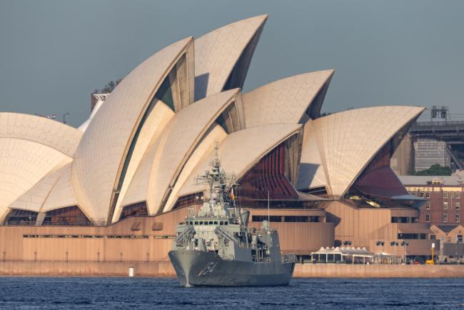 HMAS Parramatta Anzac-class frigate of the Royal Australian Navy in Sydney Harbor
