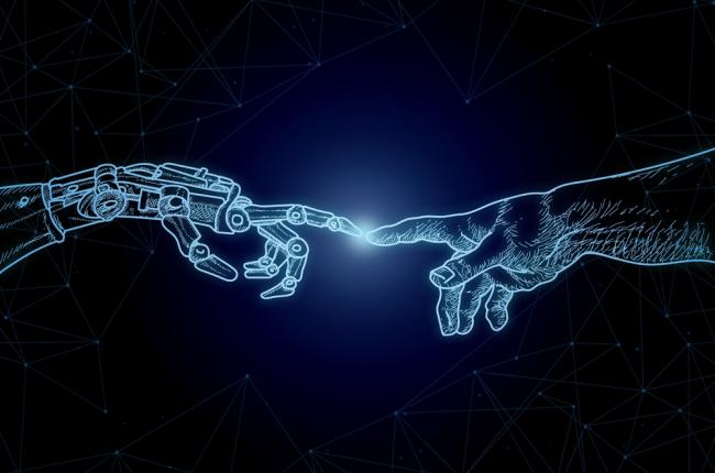 Artificial Intelligence, Adam and the Hands of God by Michelangelo in the modern style with Robot